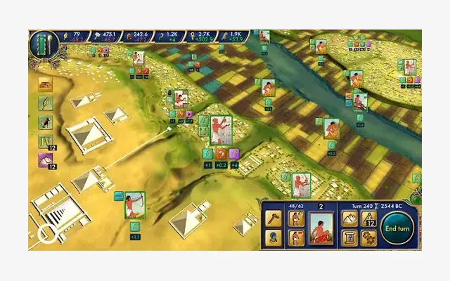 Egypt: Old Kingdom, mapa del valle del Nilo por casillas con pirámides, aldeas y campos de cultivo