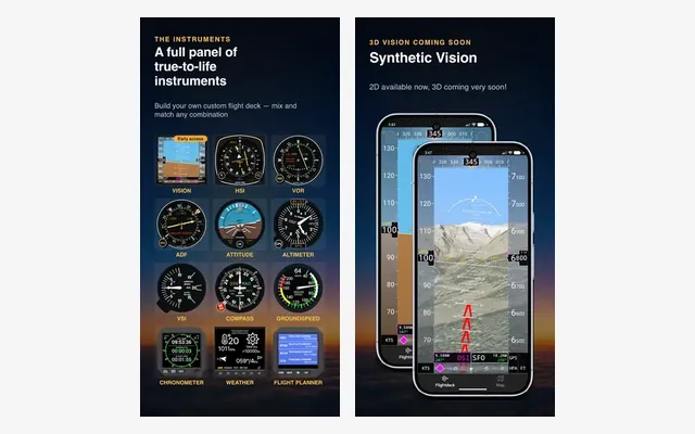 fDeck: flight instruments, dos pantallas con el panel completo de instrumentos de vuelo y la vista sintética