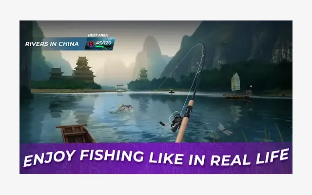Fishing Rival: Fish Every Day!, captura con la caña lanzada sobre un río de montaña entre colinas verdes