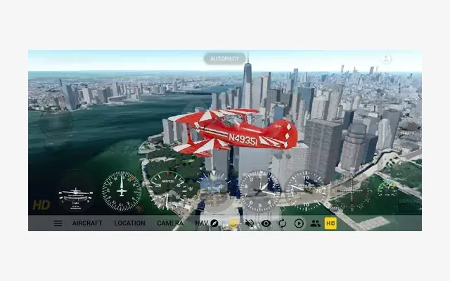 GeoFS - Flight Simulator, avioneta roja sobrevolando una ciudad con el panel de vuelo en pantalla