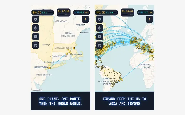 Idle Flight Manager, mapa de rutas aéreas que se expande desde Estados Unidos hacia el resto del mundo