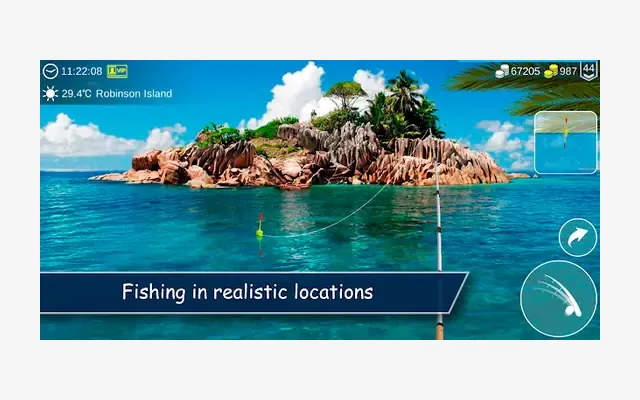 My Fishing World, captura de una isla tropical vista desde el agua con la caña preparada en primer plano